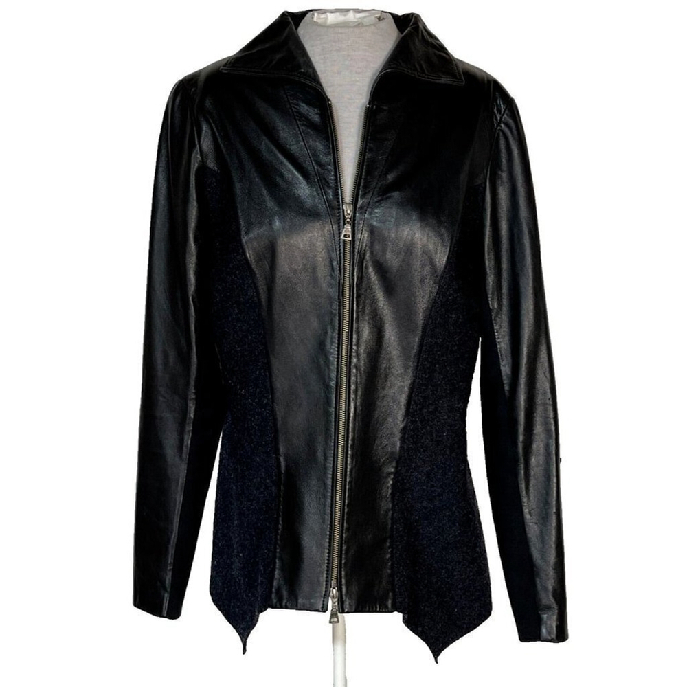 Danier Leather Wool Blend Jacket Women's Large Black Collared Front Zipper